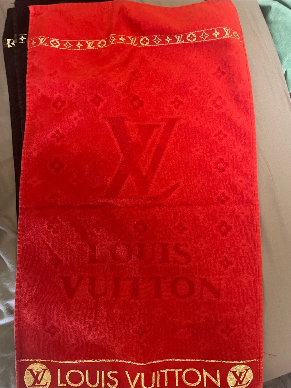 Louis Vuitton Red Monogram Beach Towel with Gold Logo Trim